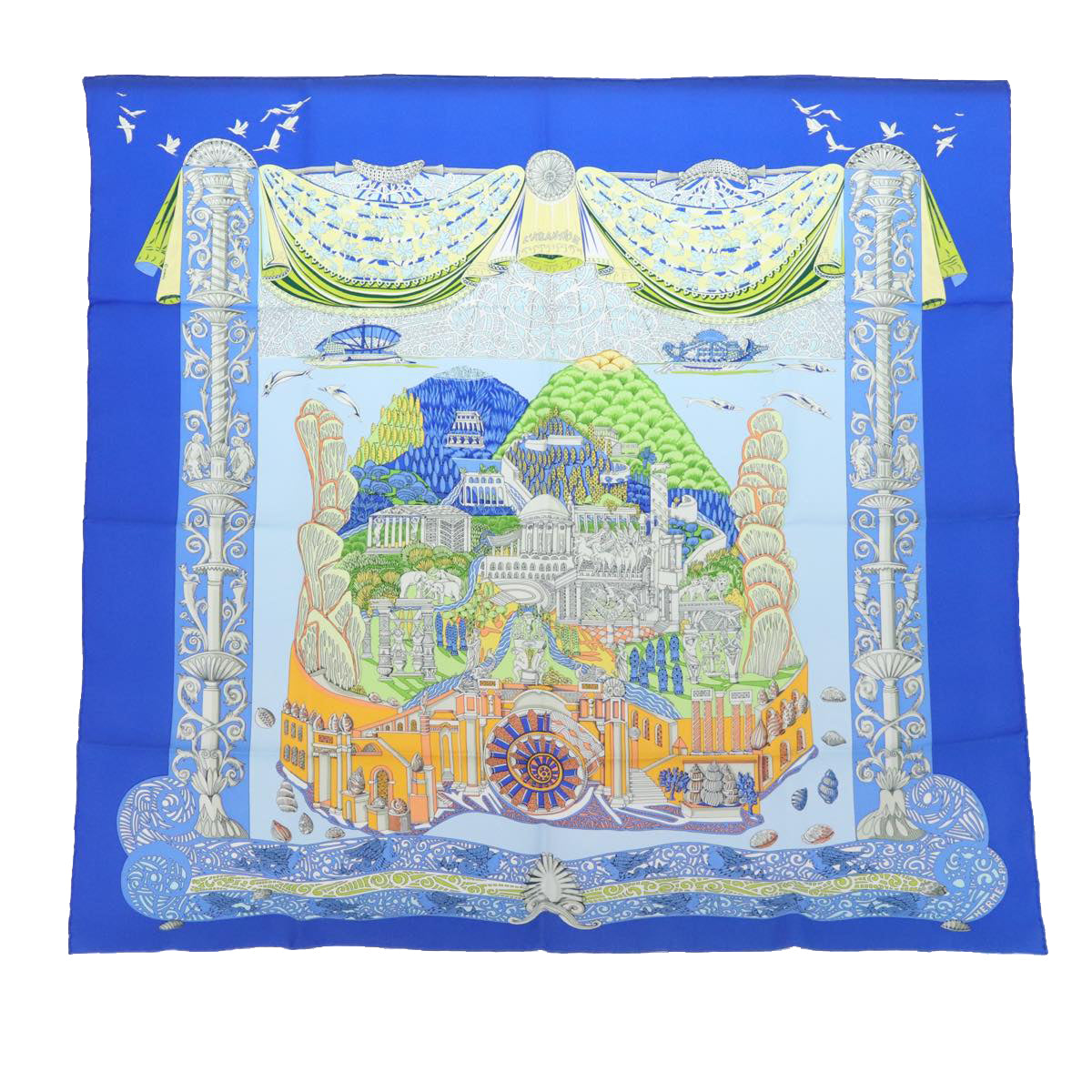 HERMES Carre 90 Scarf Atlantis continent Silk Blue Auth am6863