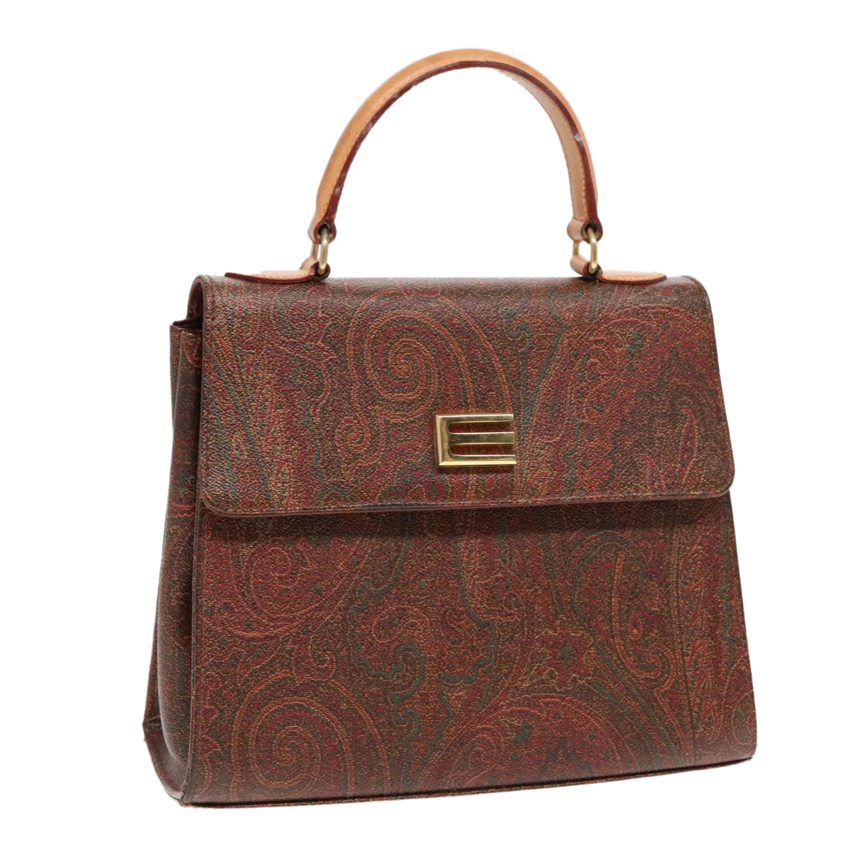 ETRO Paisley Hand Bag Leather Brown Auth am6904