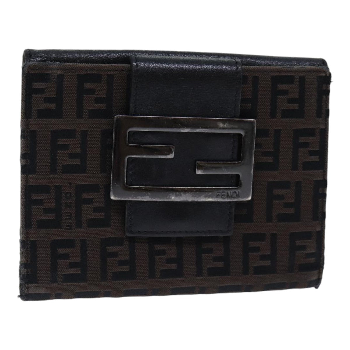 FENDI Zucchino Canvas Wallet Brown Silver Auth am6905