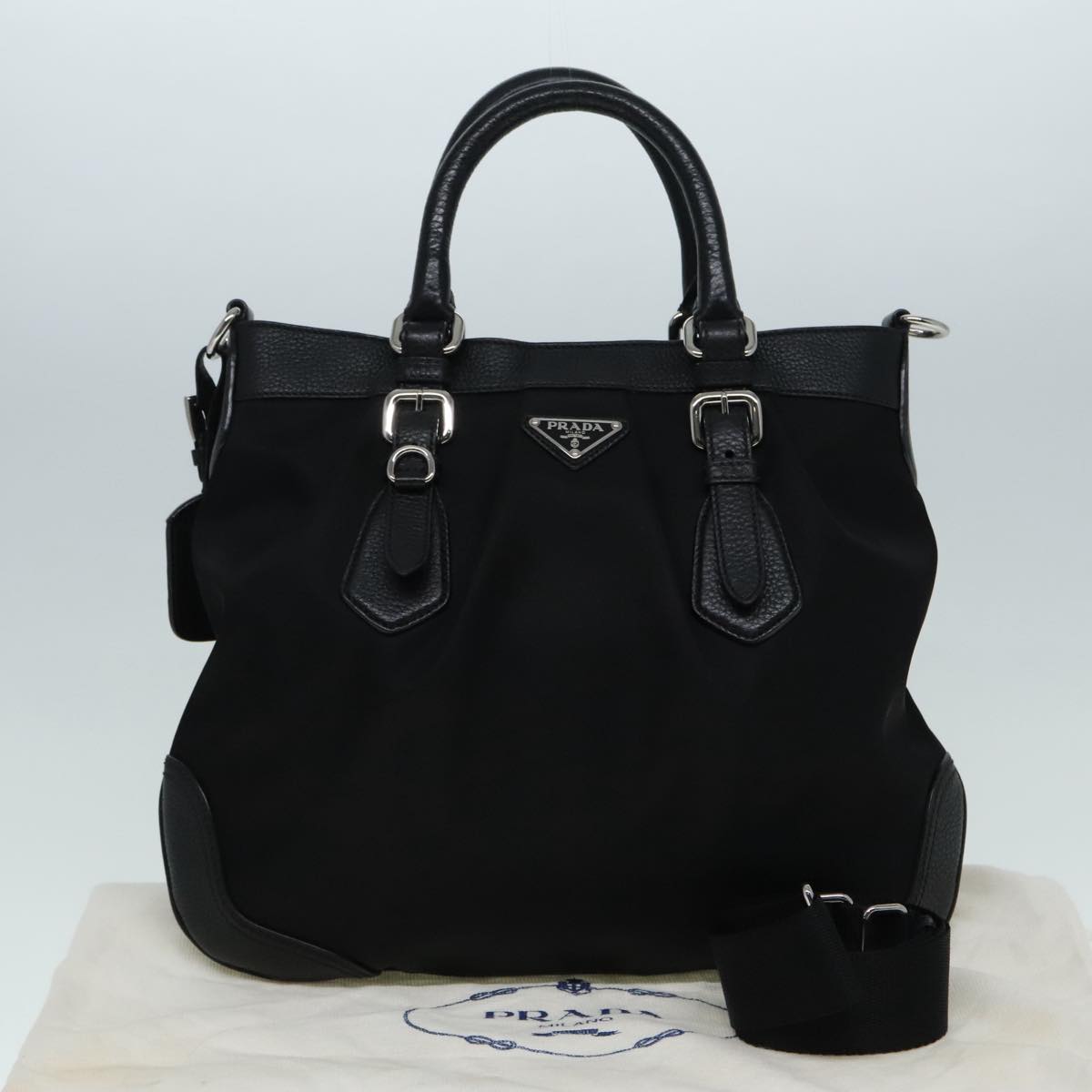 PRADA Hand Bag Nylon 2way Black Silver Auth am6907