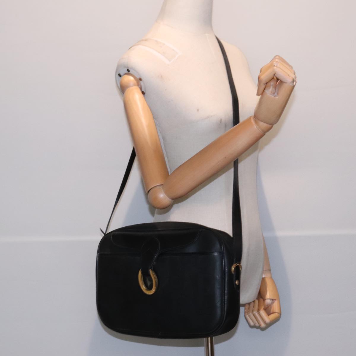 Christian Dior Trotter Canvas Shoulder Bag Black Gold Auth am6908