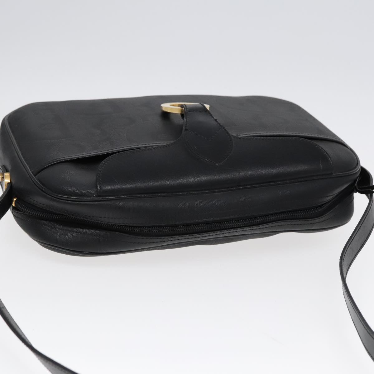 Christian Dior Trotter Canvas Shoulder Bag Black Gold Auth am6908