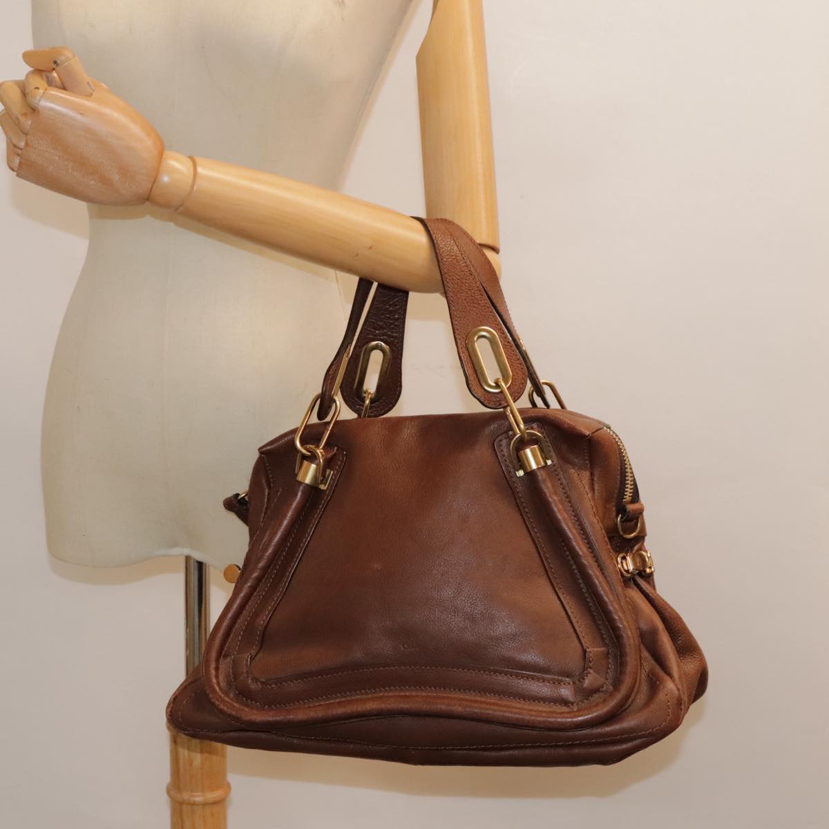 Chloe Paraty Hand Bag Leather Brown Auth am6920