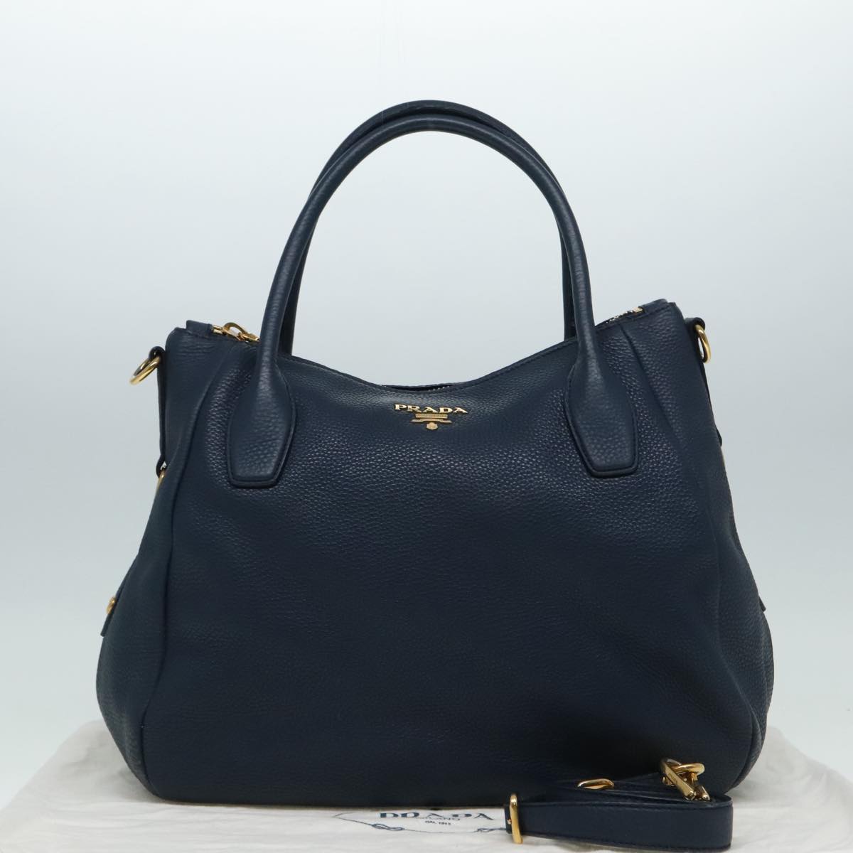 PRADA Hand Bag Leather 2way Blue Gold Auth am6927