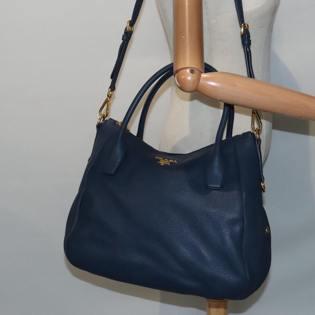 PRADA Hand Bag Leather 2way Blue Gold Auth am6927