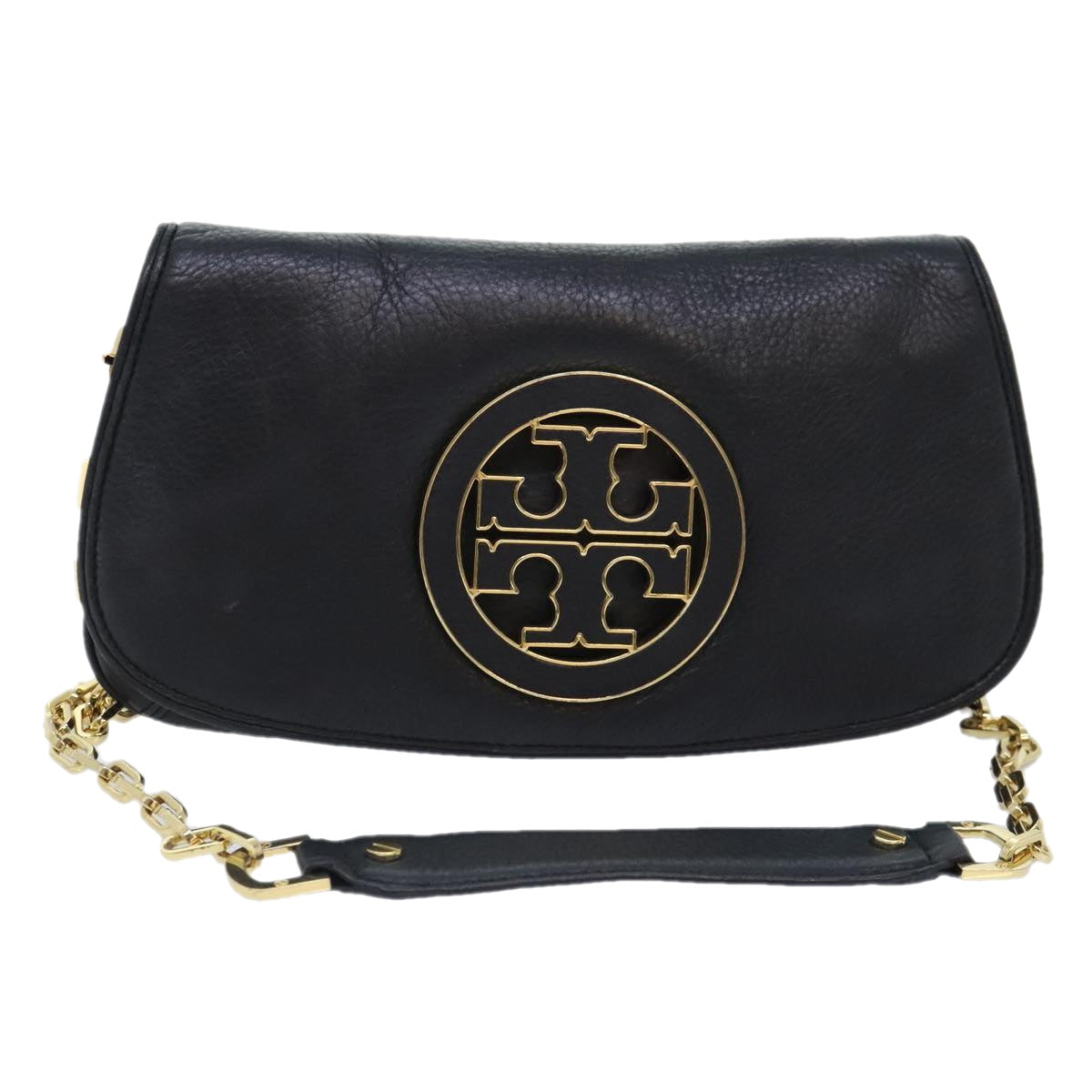 TORY BURCH Chain Shoulder Bag Leather Black Gold Auth am6939