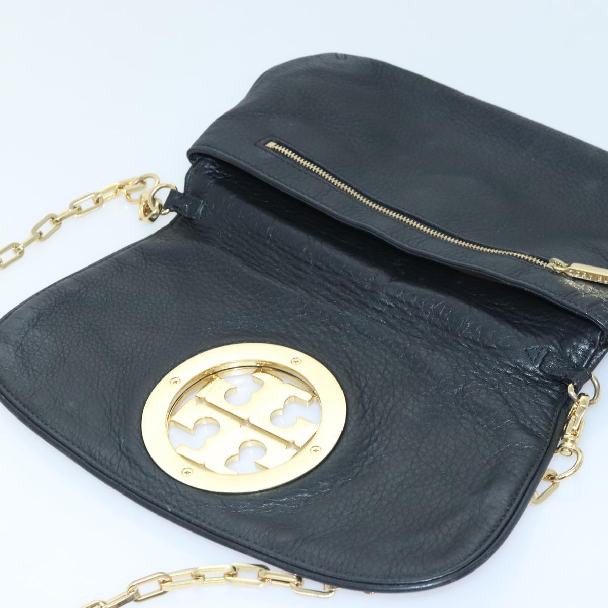 TORY BURCH Chain Shoulder Bag Leather Black Gold Auth am6939