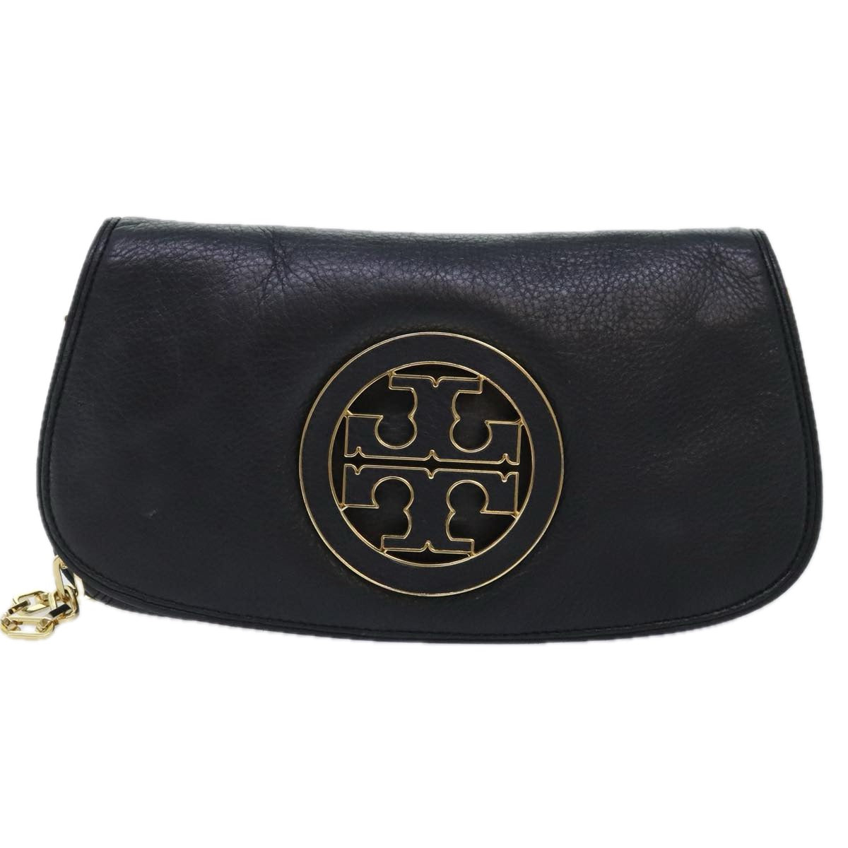 TORY BURCH Chain Shoulder Bag Leather Black Gold Auth am6939