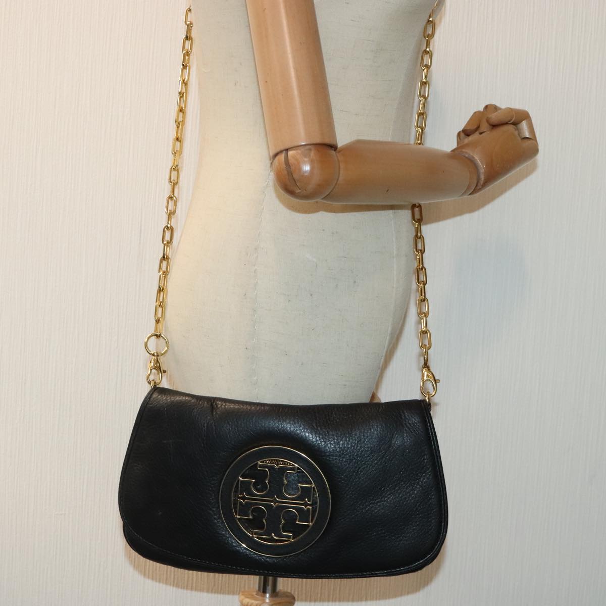 TORY BURCH Chain Shoulder Bag Leather Black Gold Auth am6939