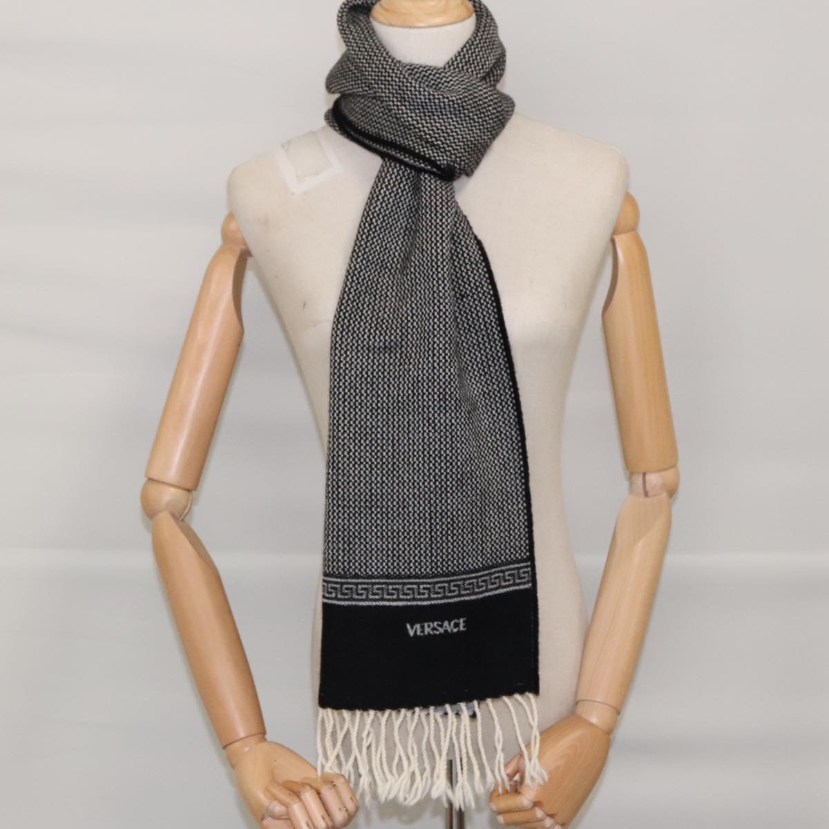 VERSACE Scarf Wool Black Auth am6943