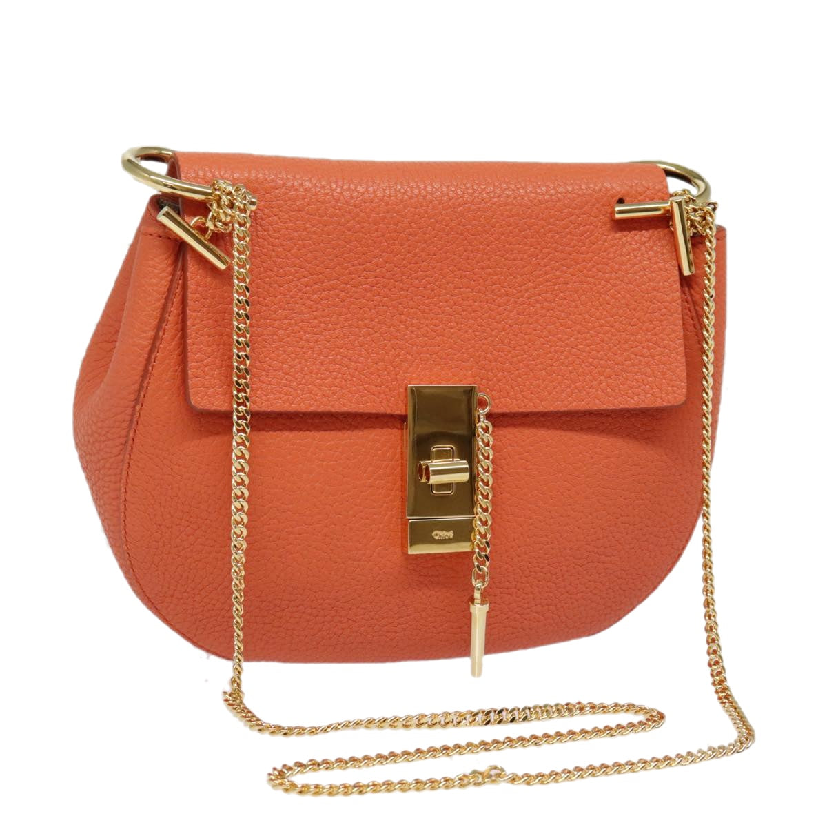 Chloe Chain Drew Shoulder Bag Leather Orange Gold Auth am6946A