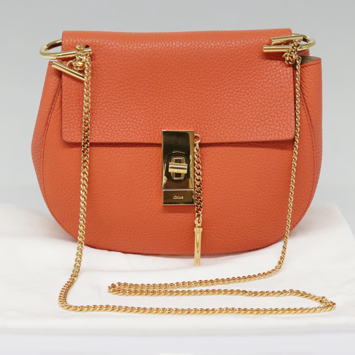 Chloe Chain Drew Shoulder Bag Leather Orange Gold Auth am6946A