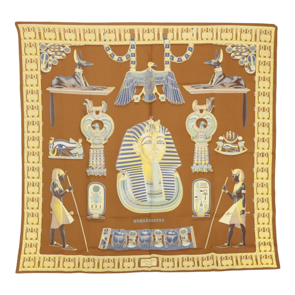 HERMES Carre 90 Scarf TUTANKHAMUN Silk Brown Auth am6947