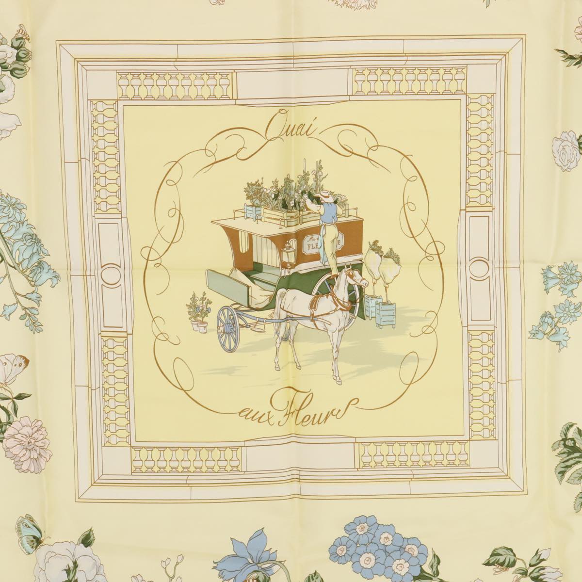 HERMES Carre 90 Scarf QUAI aux fleurs Silk Beige Auth am6948