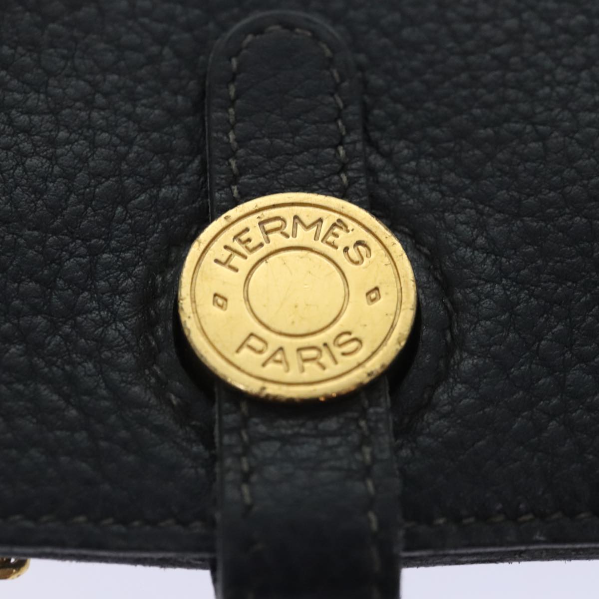 HERMES Dogon Card Case Leather Black Gold Auth am6951