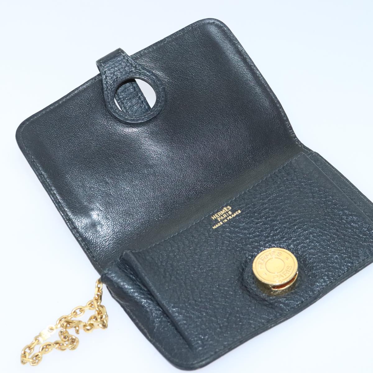 HERMES Dogon Card Case Leather Black Gold Auth am6951