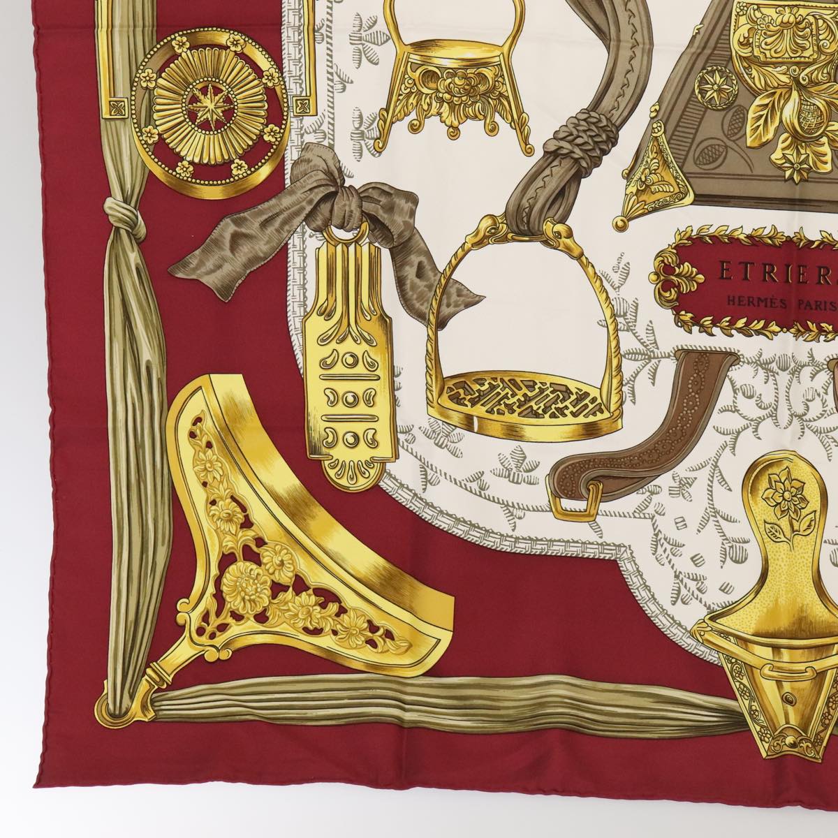 HERMES Carre 90 Scarf ETRIERS Silk Red Auth am6953