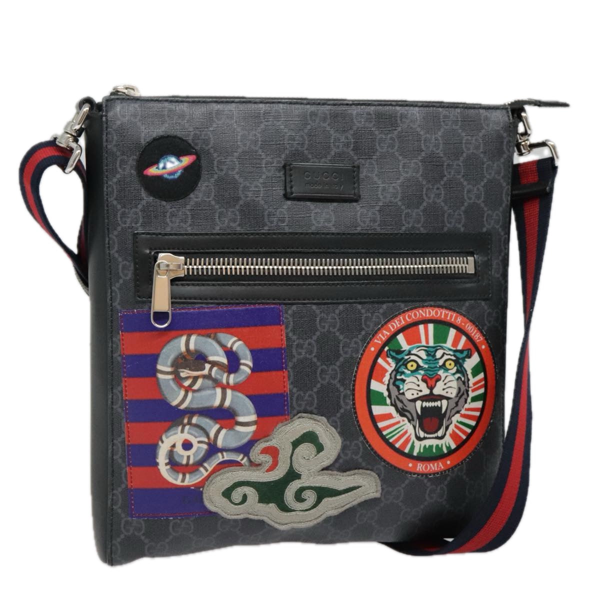 GUCCI GG Canvas Sherry Line Shoulder Bag Black Navy Red Auth am6957