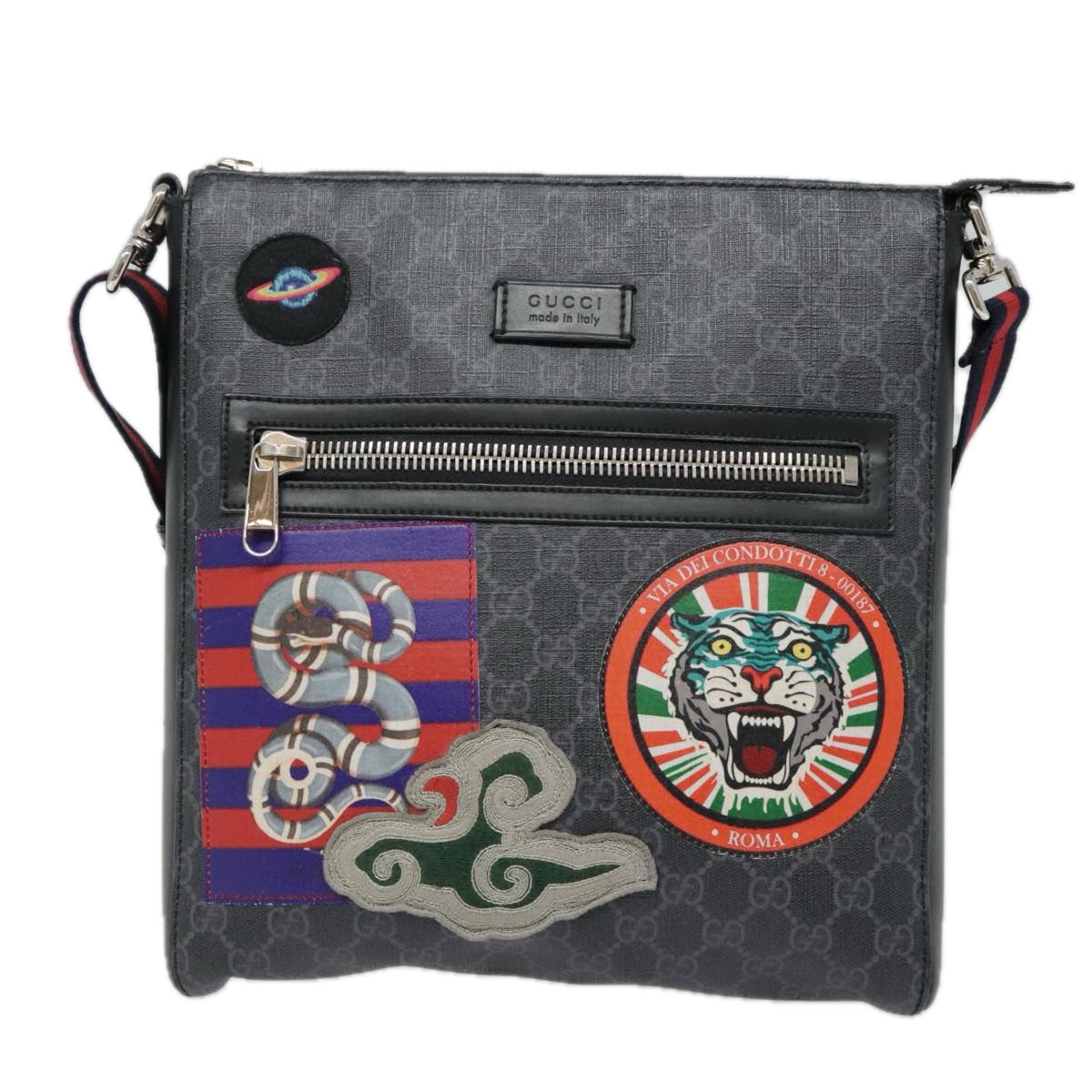 GUCCI GG Canvas Sherry Line Shoulder Bag Black Navy Red Auth am6957 - 0