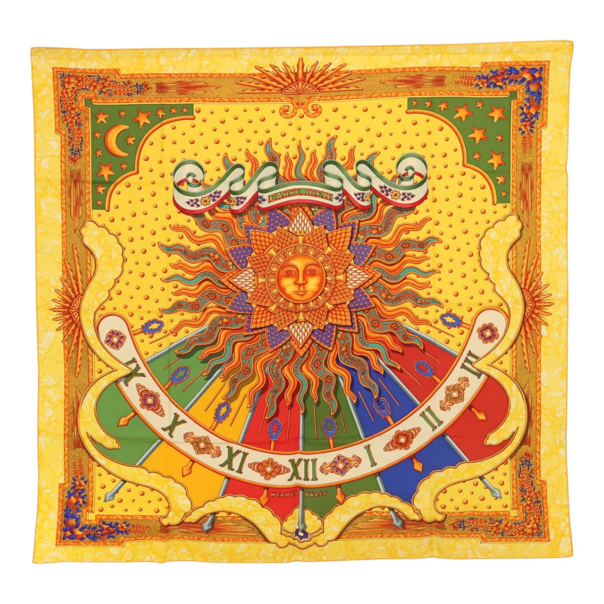 HERMES Carre 90 Scarf CARPE DIEM Silk Yellow Auth am6959