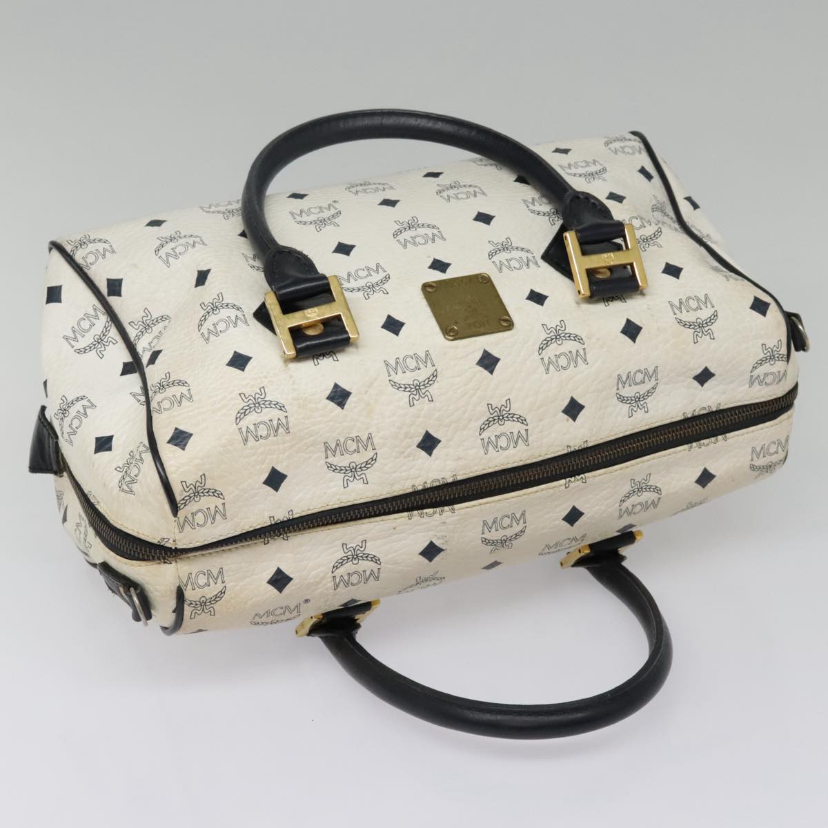 MCM Vicetos Logogram Boston Bag PVC Leather White Navy Gold Auth am6973