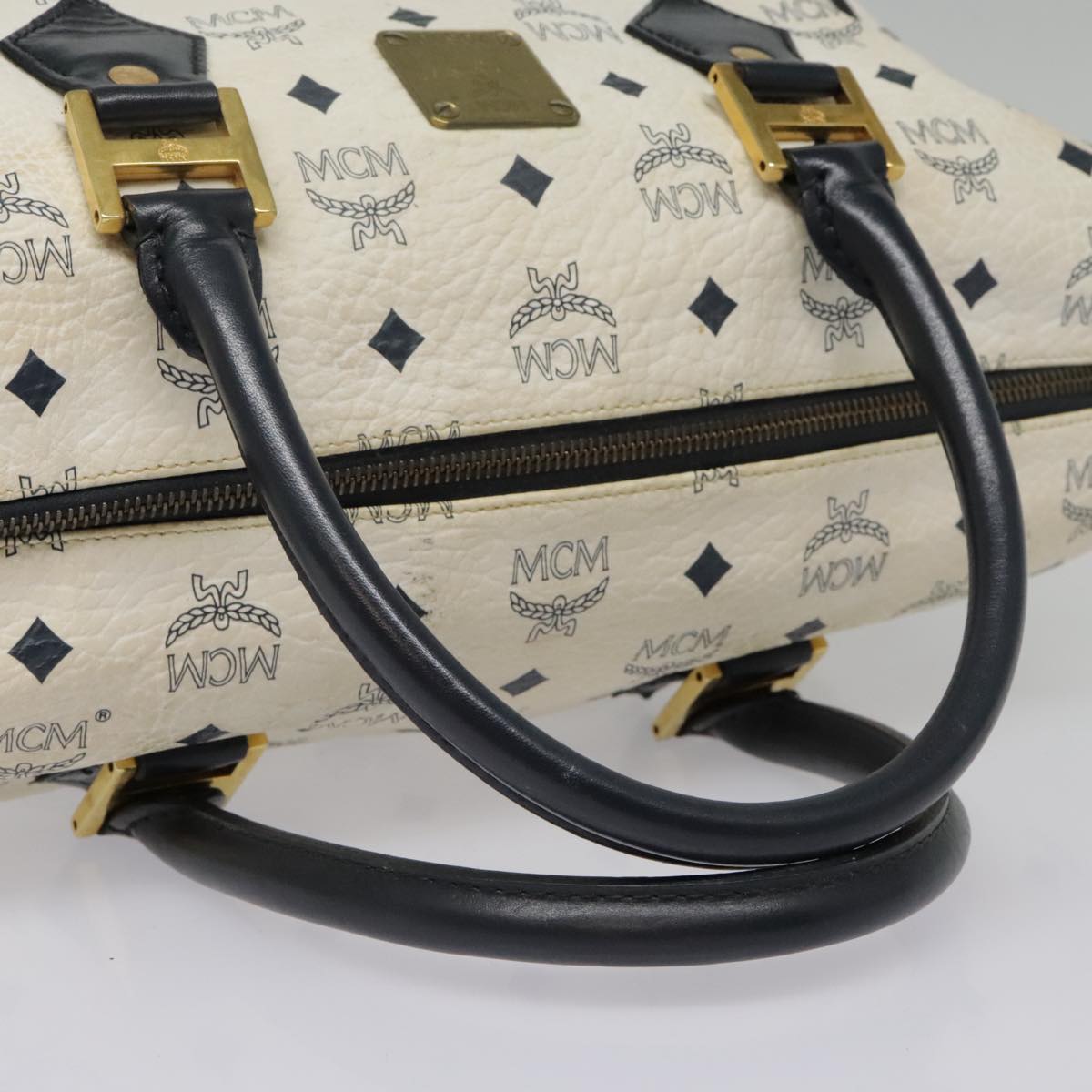 MCM Vicetos Logogram Boston Bag PVC Leather White Navy Gold Auth am6973