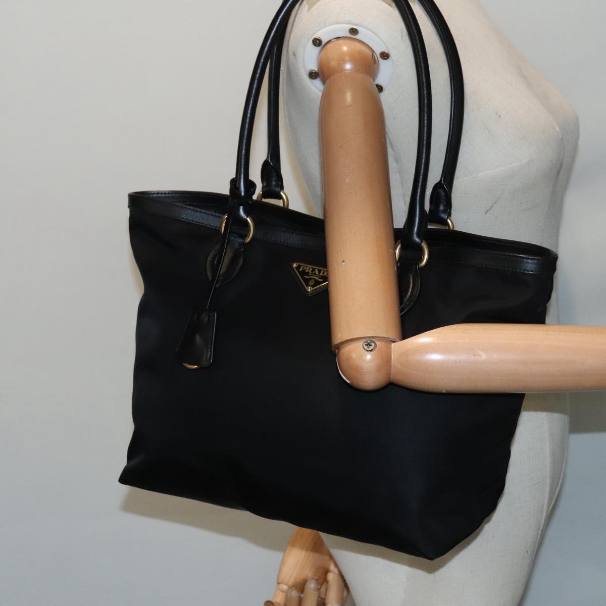 PRADA Tote Bag Nylon Leather Black Gold Auth am6976