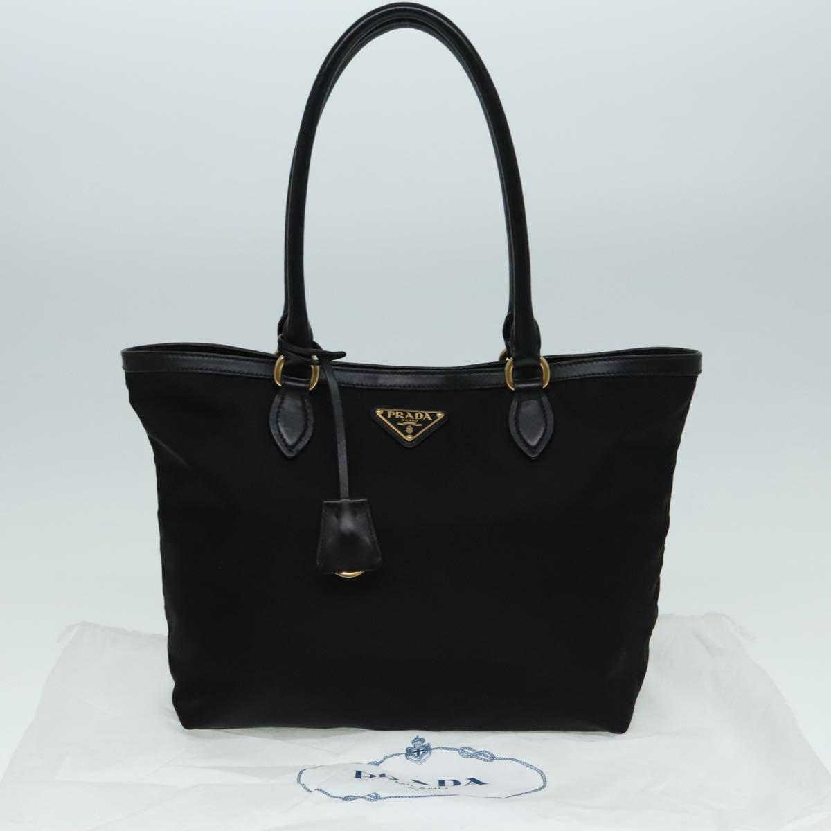 PRADA Tote Bag Nylon Leather Black Gold Auth am6976