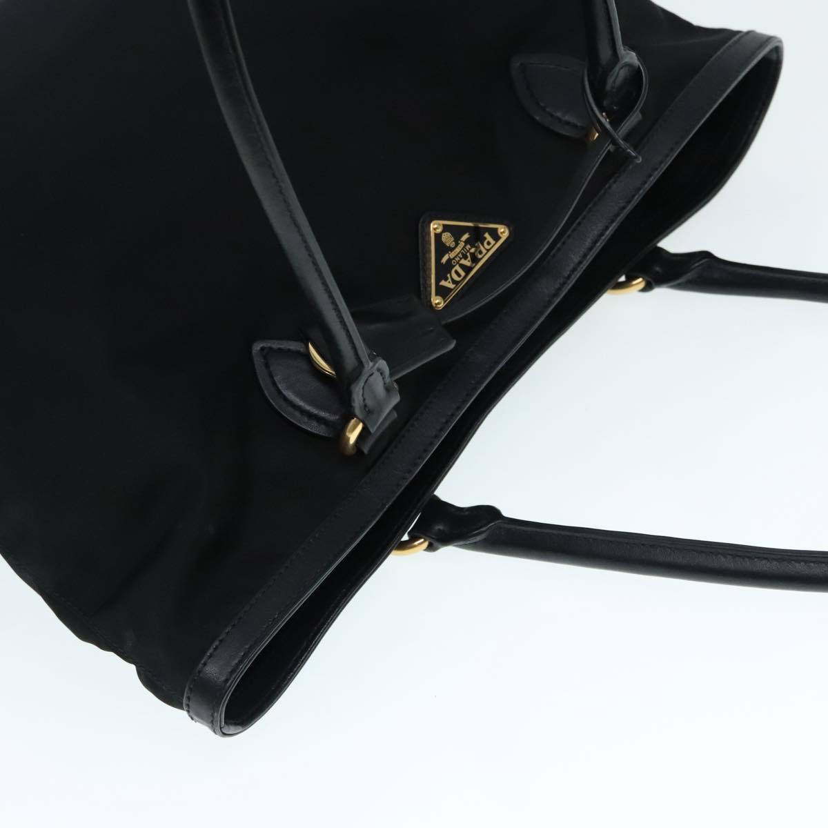 PRADA Tote Bag Nylon Leather Black Gold Auth am6976