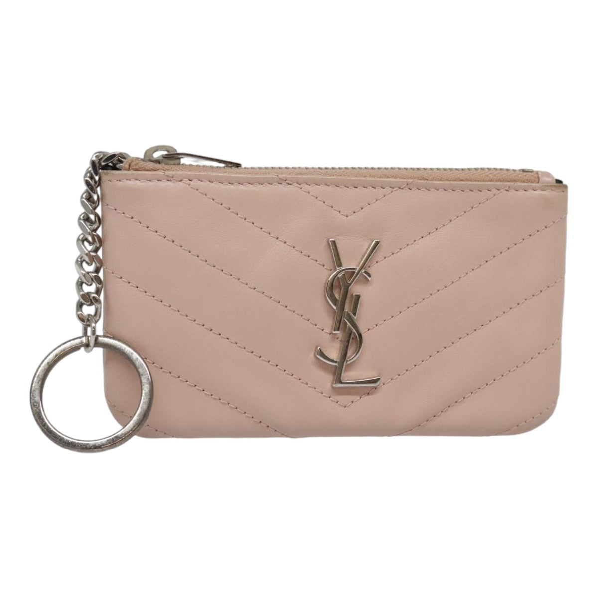 SAINT LAURENT V Stitch Coin Purse Leather Pink Silver Auth am6991