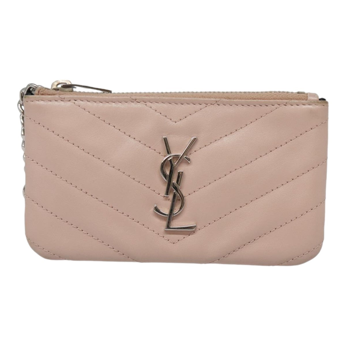 SAINT LAURENT V Stitch Coin Purse Leather Pink Silver Auth am6991 - 0