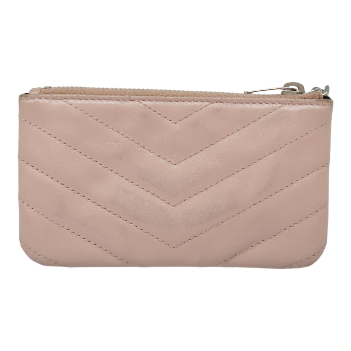 SAINT LAURENT V Stitch Coin Purse Leather Pink Silver Auth am6991