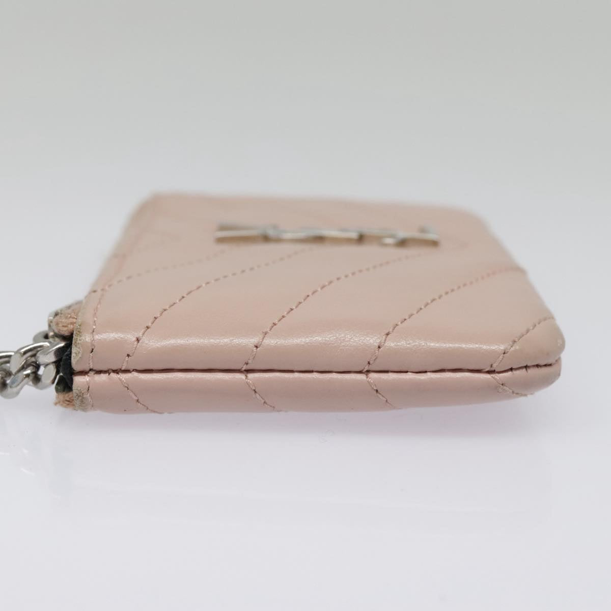 SAINT LAURENT V Stitch Coin Purse Leather Pink Silver Auth am6991