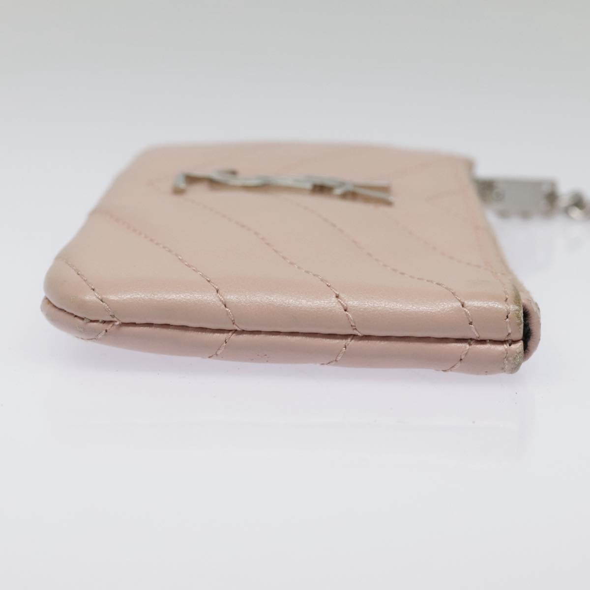 SAINT LAURENT V Stitch Coin Purse Leather Pink Silver Auth am6991