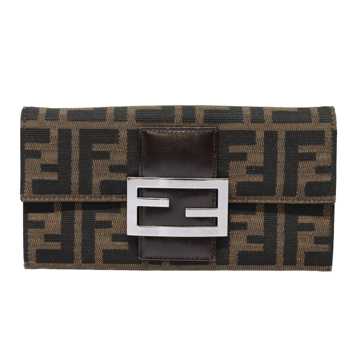 FENDI Zucca Canvas Long Wallet Black Brown Silver Auth am6992