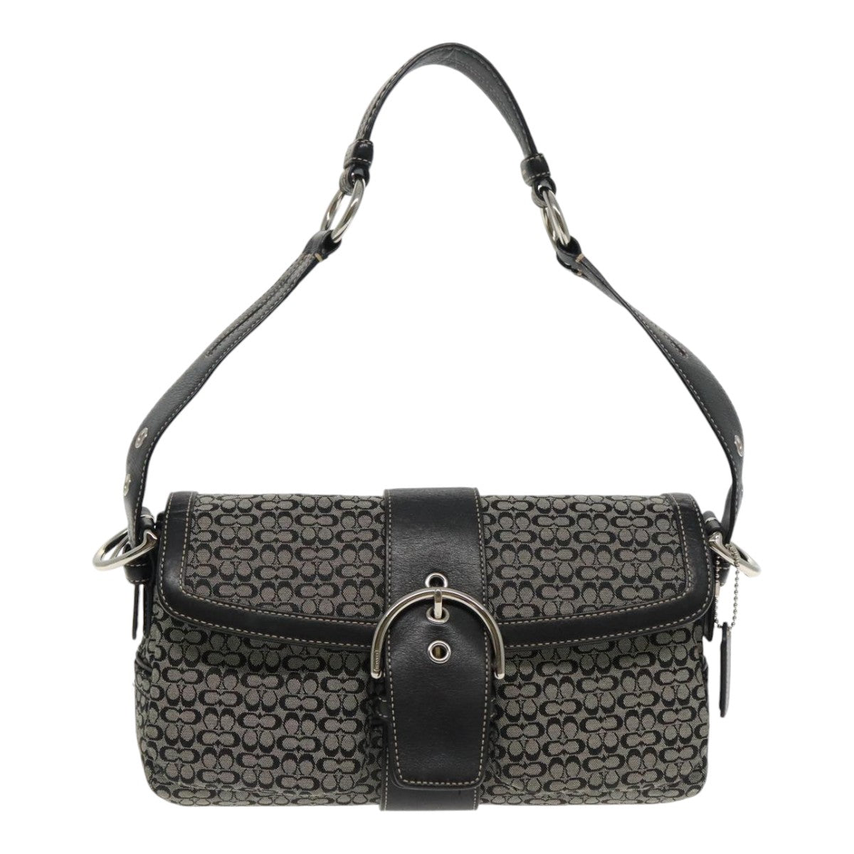 Coach Signature Shoulder Bag Canvas Black Silver Auth am7012