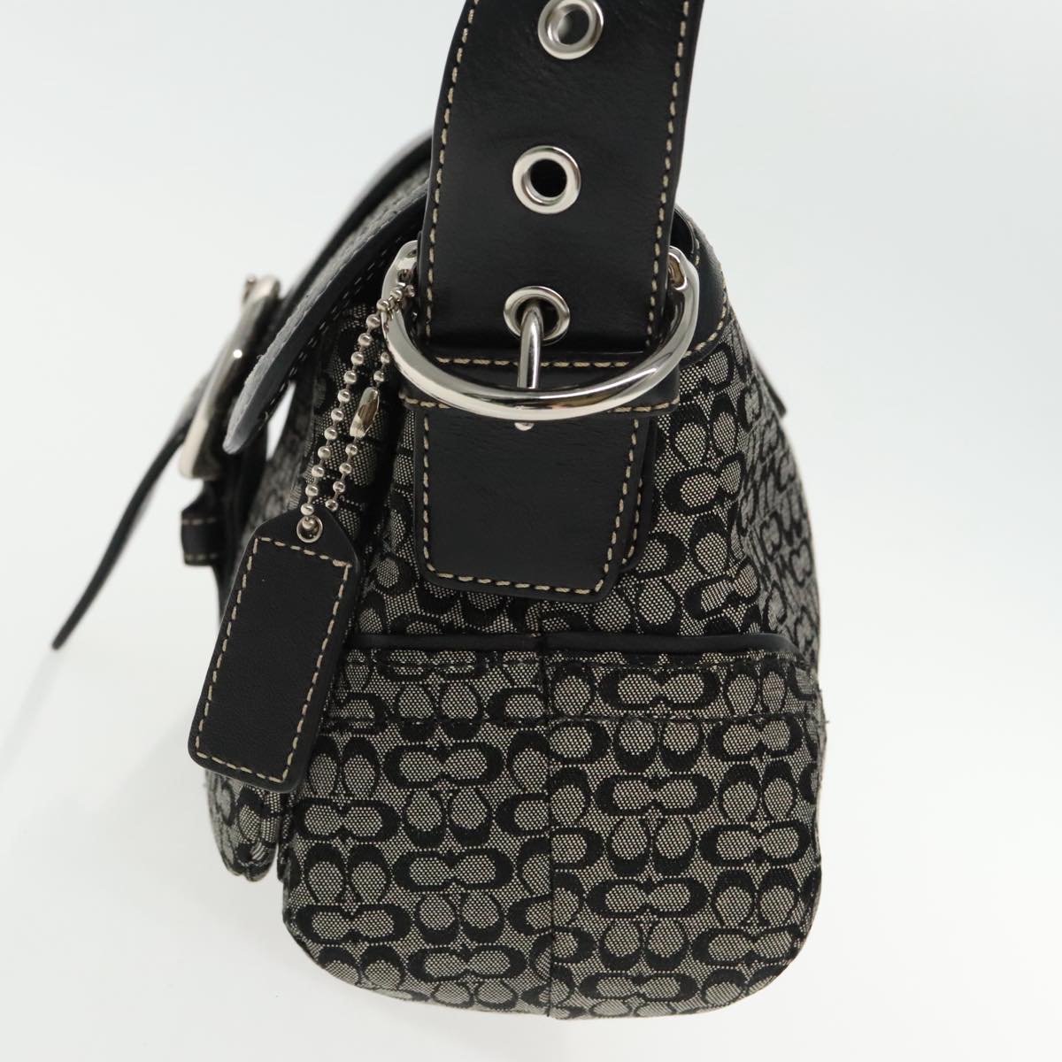 Coach Signature Shoulder Bag Canvas Black Silver Auth am7012