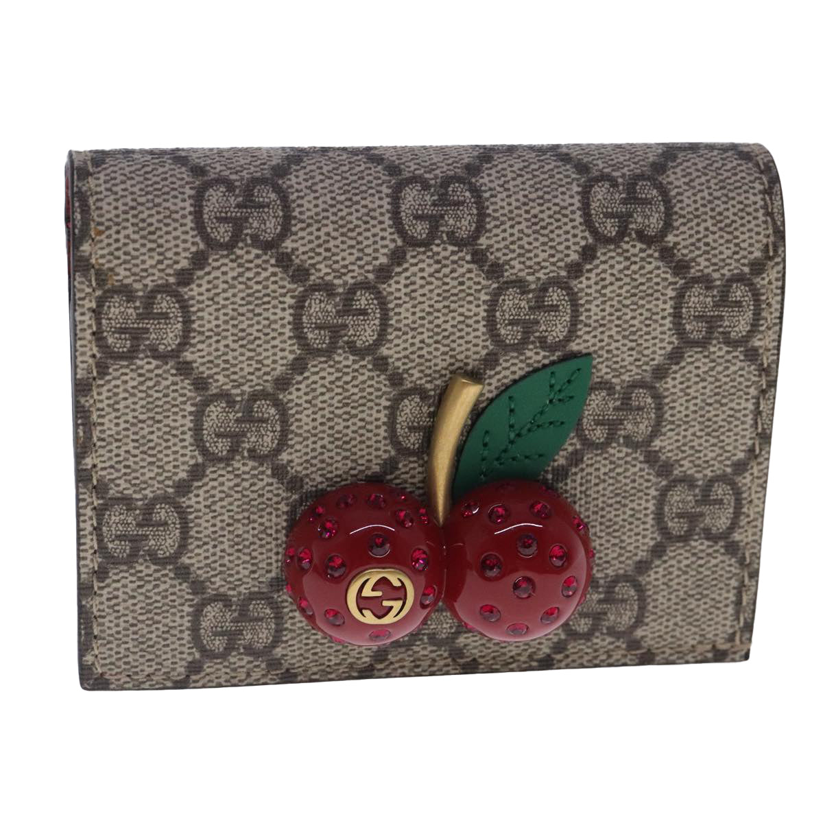 GUCCI GG Supreme Cherry Wallet PVC Leather Beige Red 476050 Auth am7021