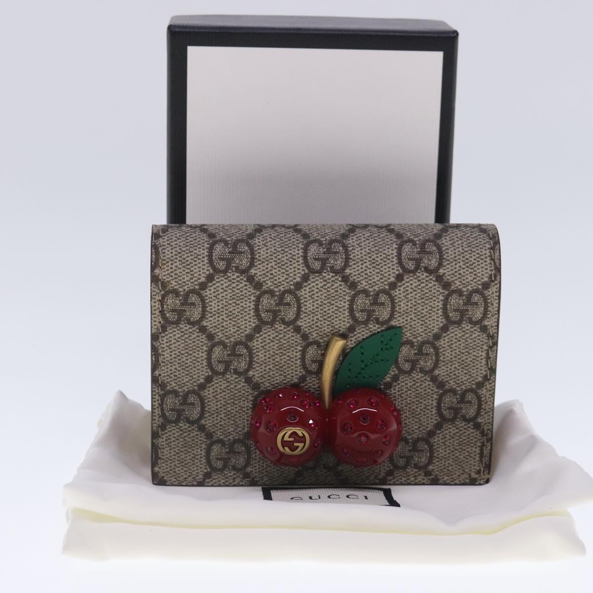 GUCCI GG Supreme Cherry Wallet PVC Leather Beige Red 476050 Auth am7021