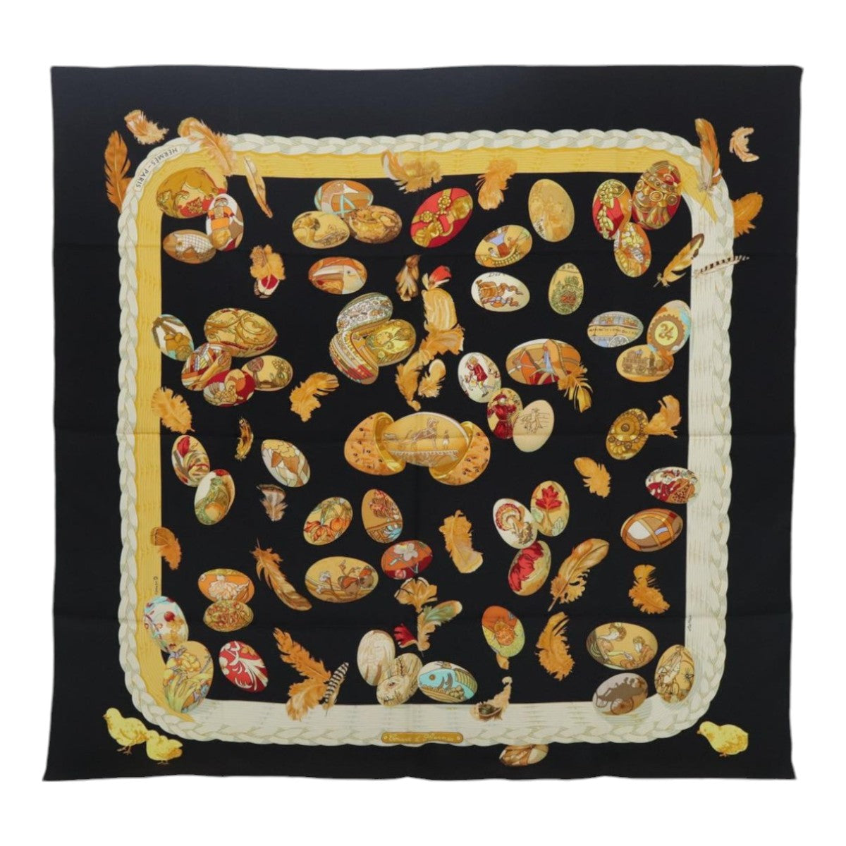 HERMES Carre 90 Scarf ""COUVEE D’ HERMES"" Silk Black Auth am7023