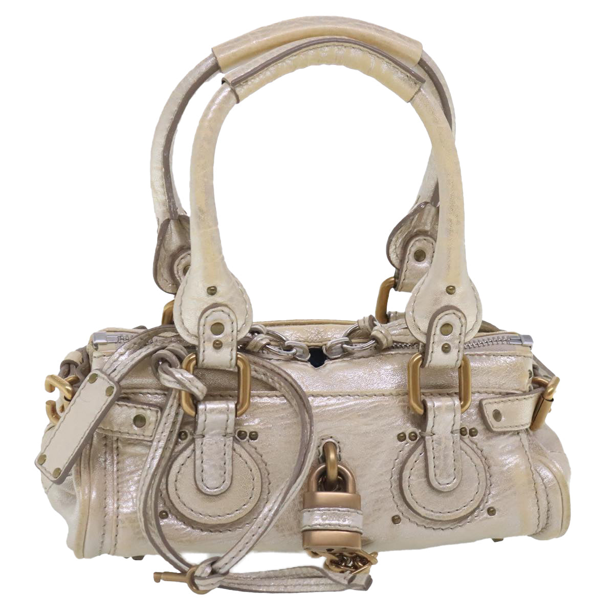 Chloe Paddington Hand Bag Leather Gold Tone Gold Silver Auth am7033