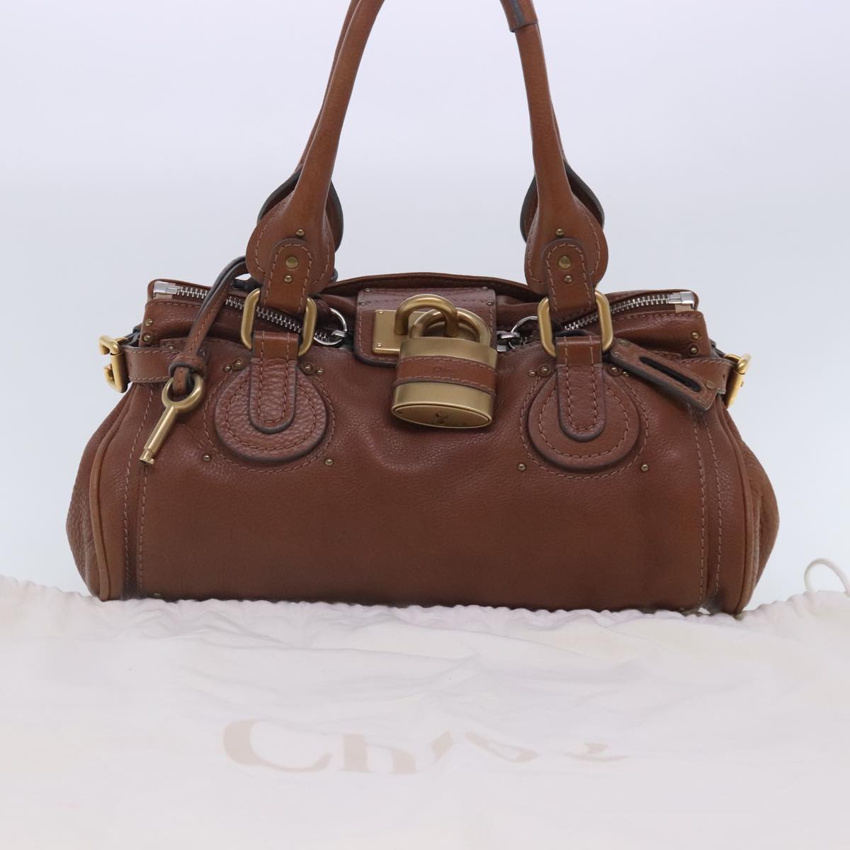 Chloe Paddington Hand Bag Leather Brown Gold Silver Auth am7036