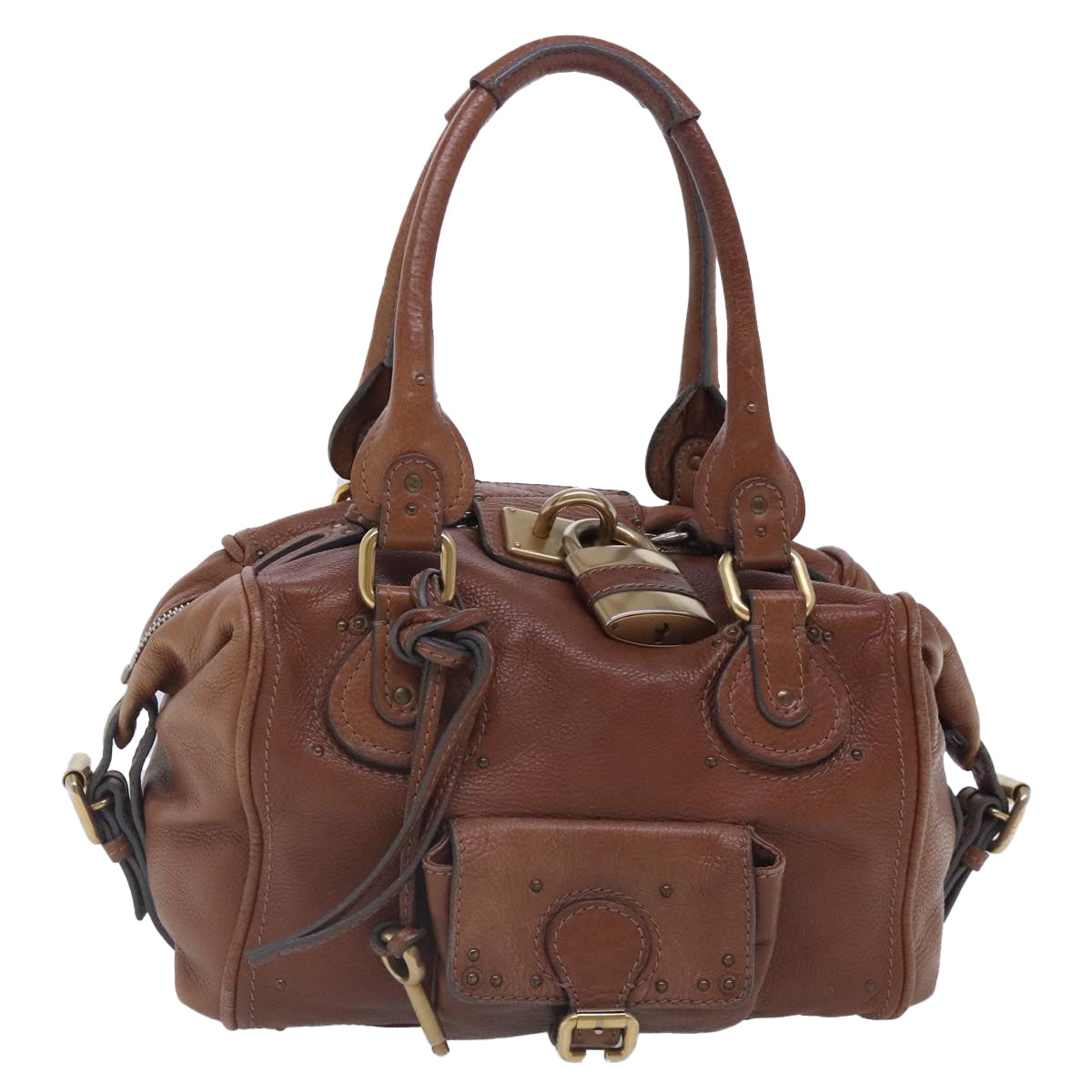 Chloe Paddington Hand Bag Leather Brown Gold Silver Auth am7042