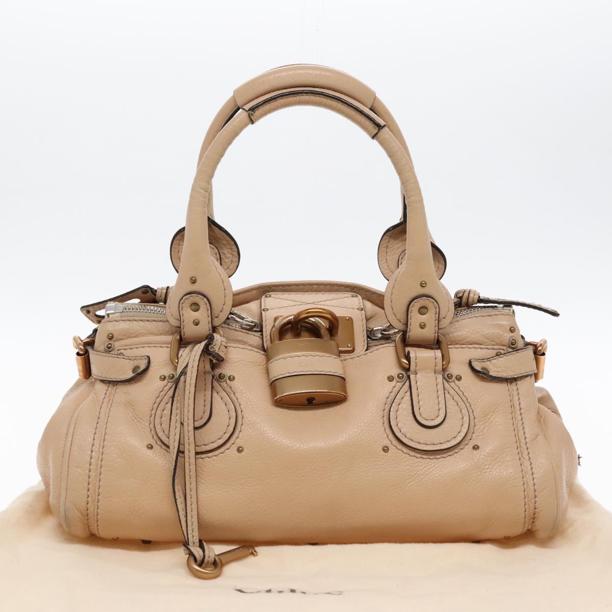 Chloe Paddington Hand Bag Leather Beige Gold Silver Auth am7043