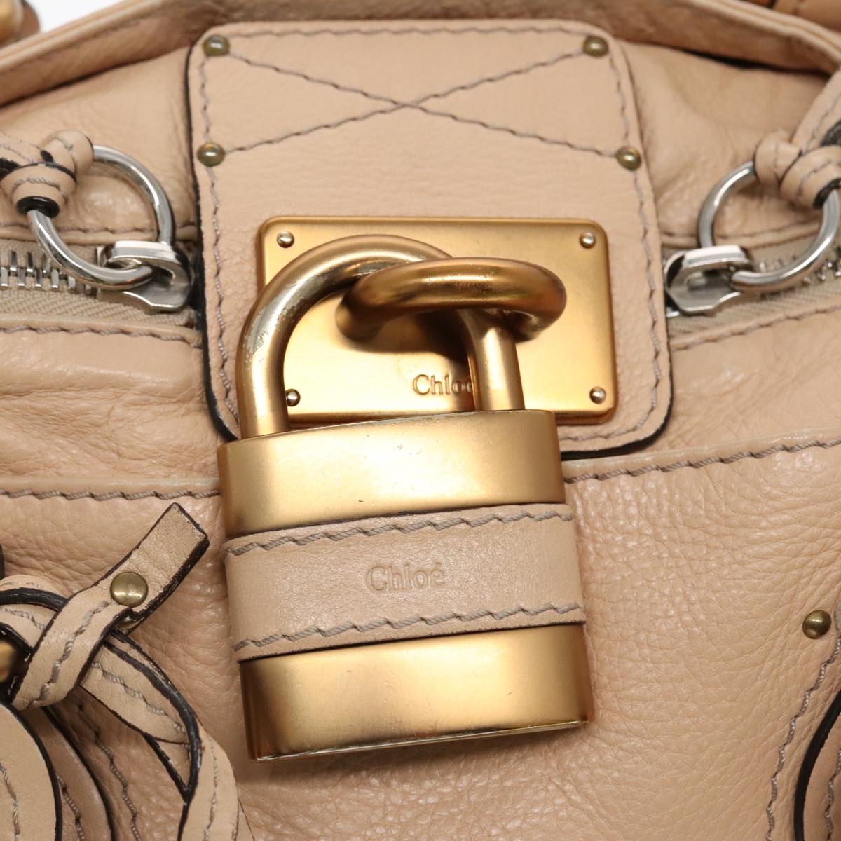 Chloe Paddington Hand Bag Leather Beige Gold Silver Auth am7043