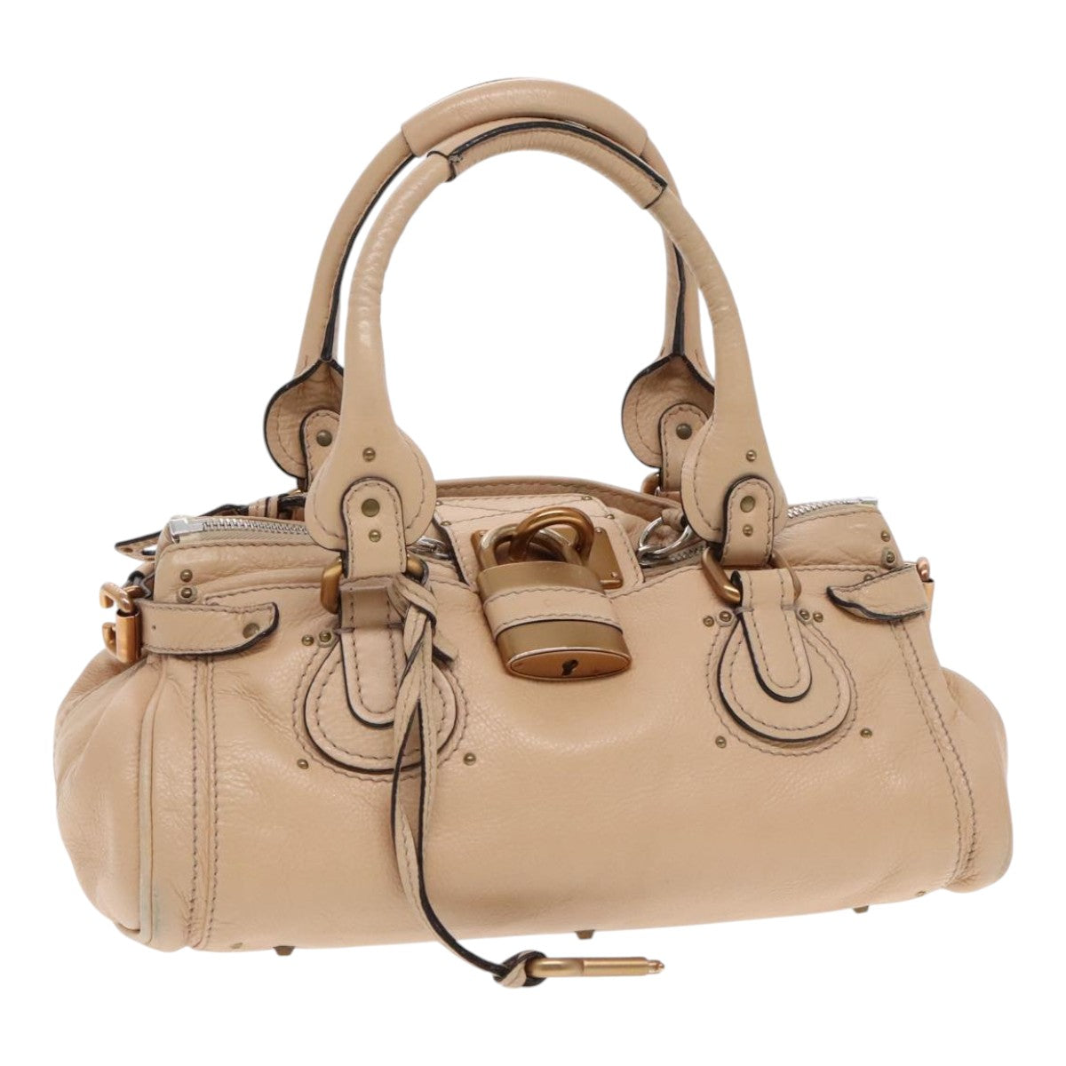 Chloe Paddington Hand Bag Leather Beige Gold Silver Auth am7043