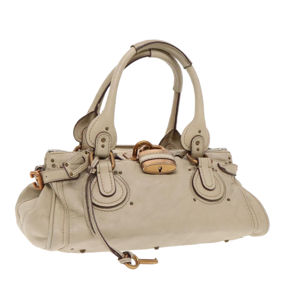 Chloe Paddington Hand Bag Leather Beige Gold Silver Auth am7044