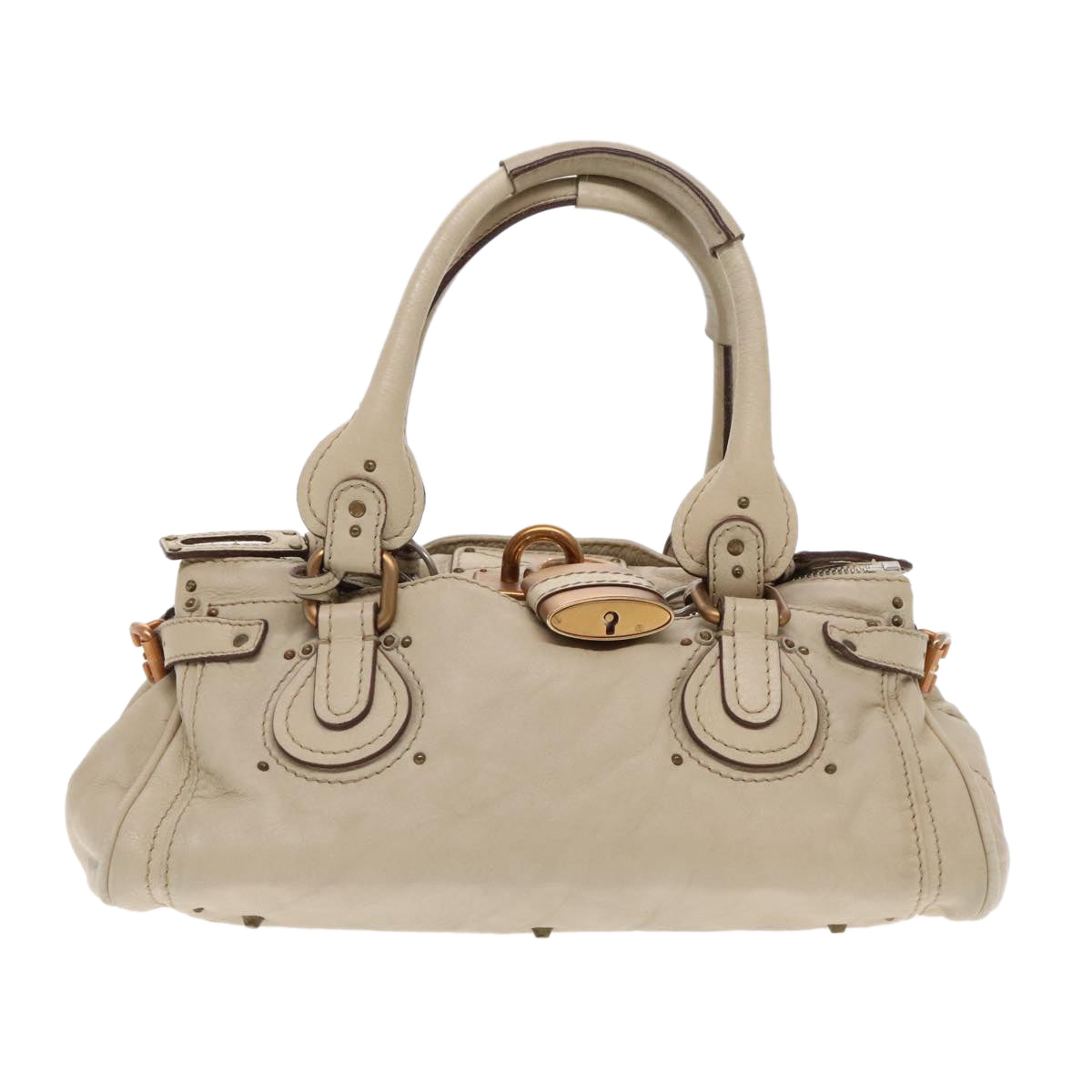 Chloe Paddington Hand Bag Leather Beige Gold Silver Auth am7044