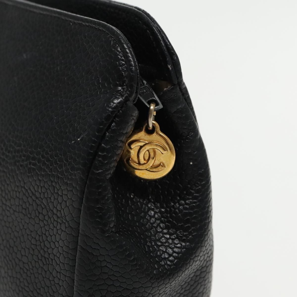 CHANEL COCO Mark Pouch Caviar Skin Black Gold CC Auth am7049