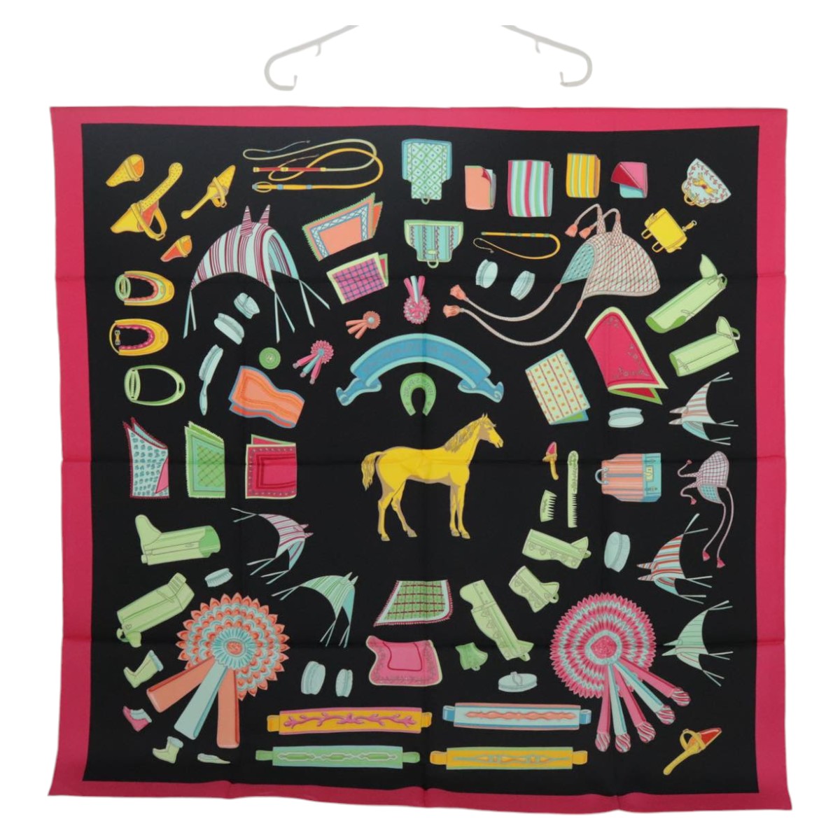 HERMES Carre 90 Scarf ALBUMS DE COLPORTAGE Silk Black Pink Auth am7051 - 0